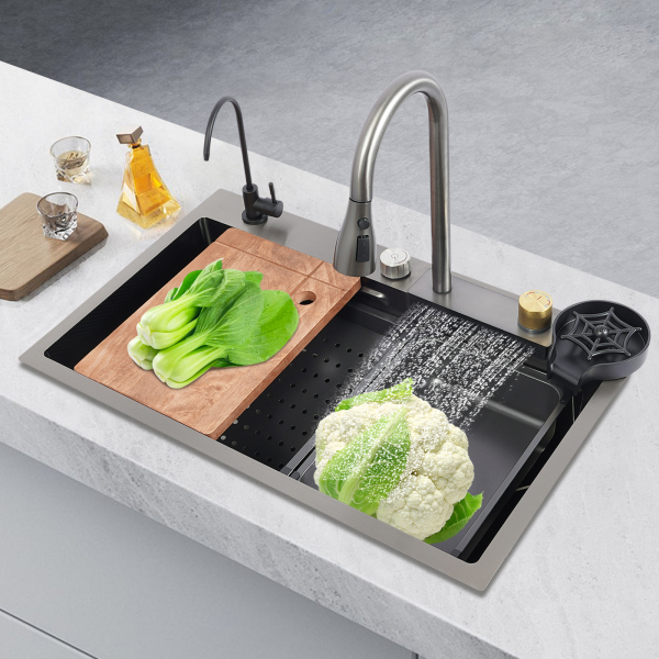75 cm Edelstahl-Regenbecken, Küchenspüle, Haushaltsspülen-Set, Edelstahlspüle (Wabenprägung)