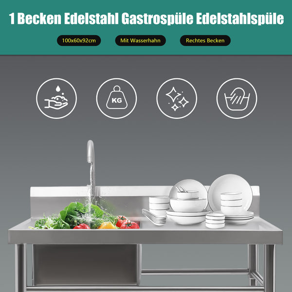 Edelstahl Spüle mit 1 Waschbecken (rechts) Spüle 201 Edelstahl 100 x 60 x 93 cm
