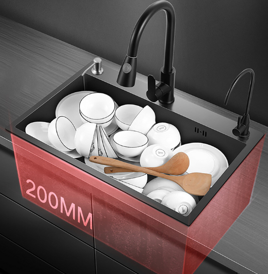 Küchenspüle Edelstahl Spüle Spülbecken Mattschwarze Mit Abtropffläche+Seifenspender+Rohr+Geräuscharmer Schutz