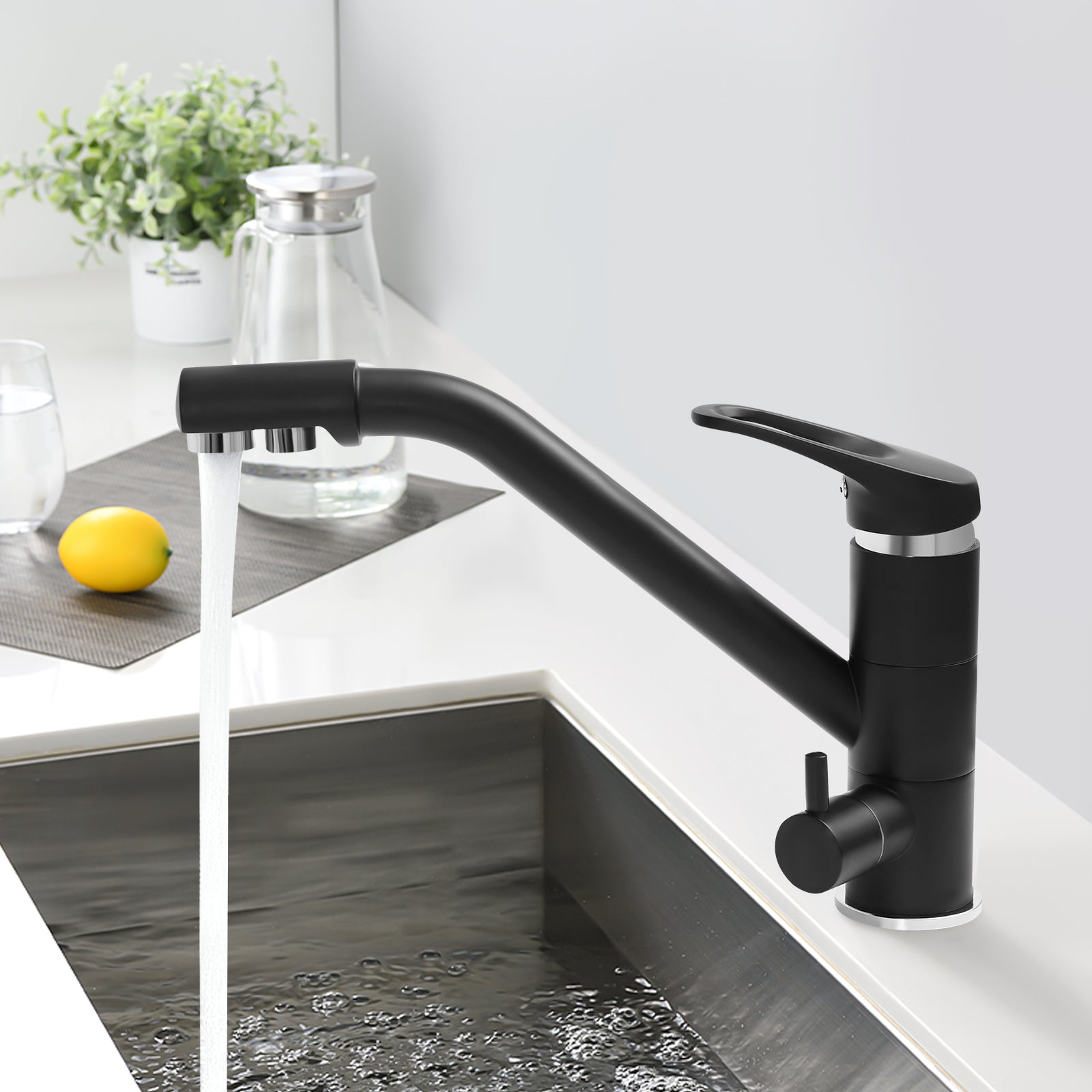 3 in 1 Mischbatterie Verchromt Trinkwasserhahn mit 2 Hebel 3 Wege Trinkwasserhahn Armatur Küche Wasserhahn für Wasserfilter (Schwarz)
