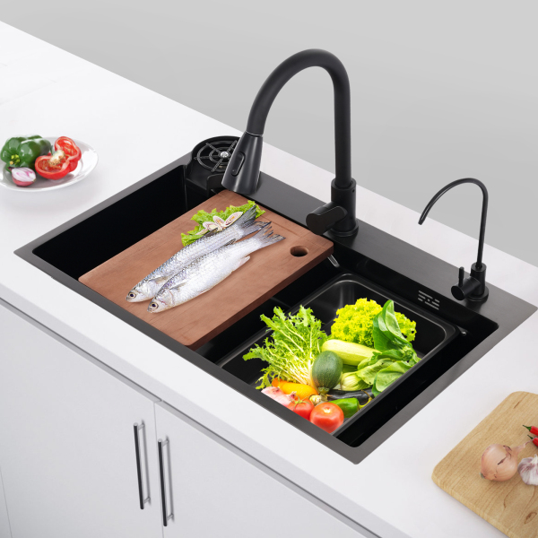 Küchenspüle, Spüle mit Wasserhahn, Multifunktions-Spülen-Set – Schwarz für Küchen, Restaurants, Cafés, Bars