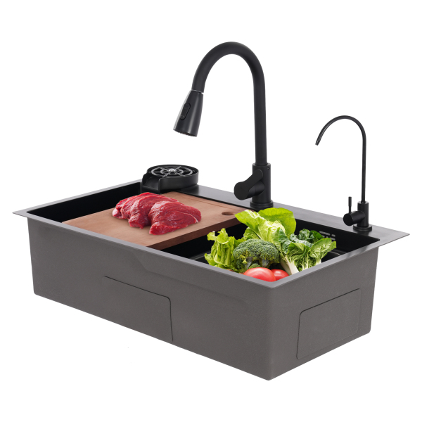 Küchenspüle, Spüle mit Wasserhahn, Multifunktions-Spülen-Set – Schwarz für Küchen, Restaurants, Cafés, Bars