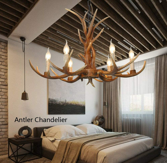 Vintage Geweih Harz Style 6 Licht Kronleuchter Deckenleuchte Retro Leuchter Weinlese Deckenbeleuchtung