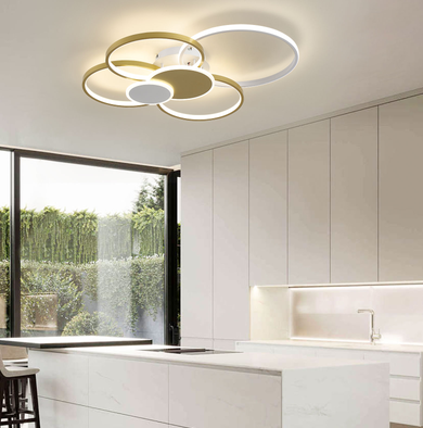 Moderne LED Deckenleuchte 65W dimmbare LED Deckenleuchte mit Fernbedienung 6 Ringe Unterputz Deckenleuchte Gold Deckenleuchter