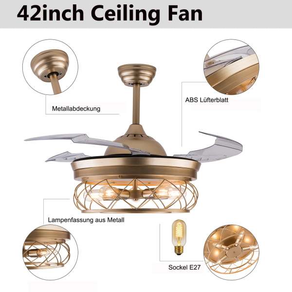 Retro Deckenventilator mit Licht und Fernbedienung,6 Gang Industrielle Deckenleuchte mit Timer Super leiser Ventilator,[Energieklasse A++]