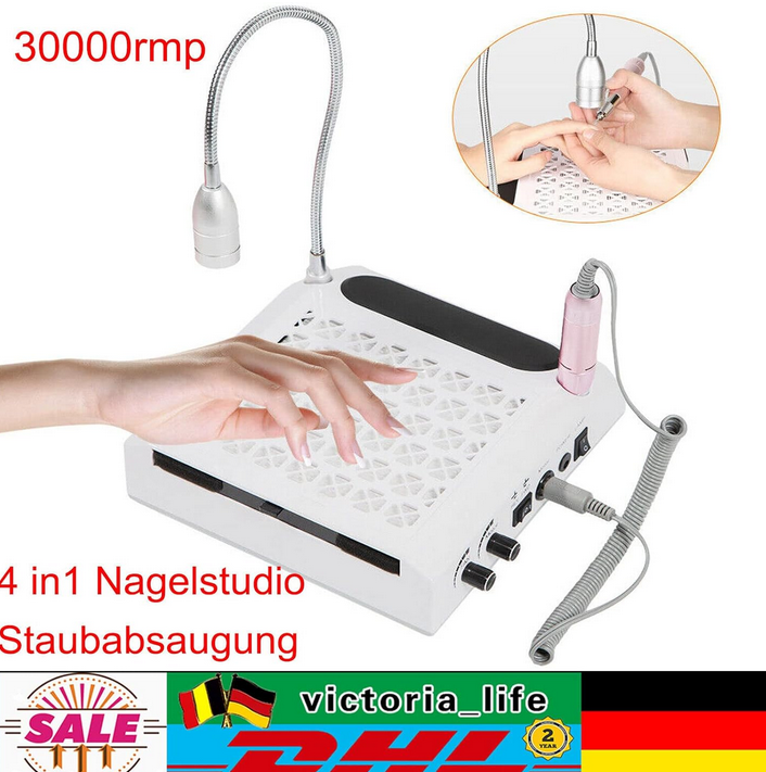 Elektrisch Nagelfeilen mit Staubsammler 4 in 1 Nagelfräser mit Armauflag Nagelbohrmaschine LED Lampe Pediküre