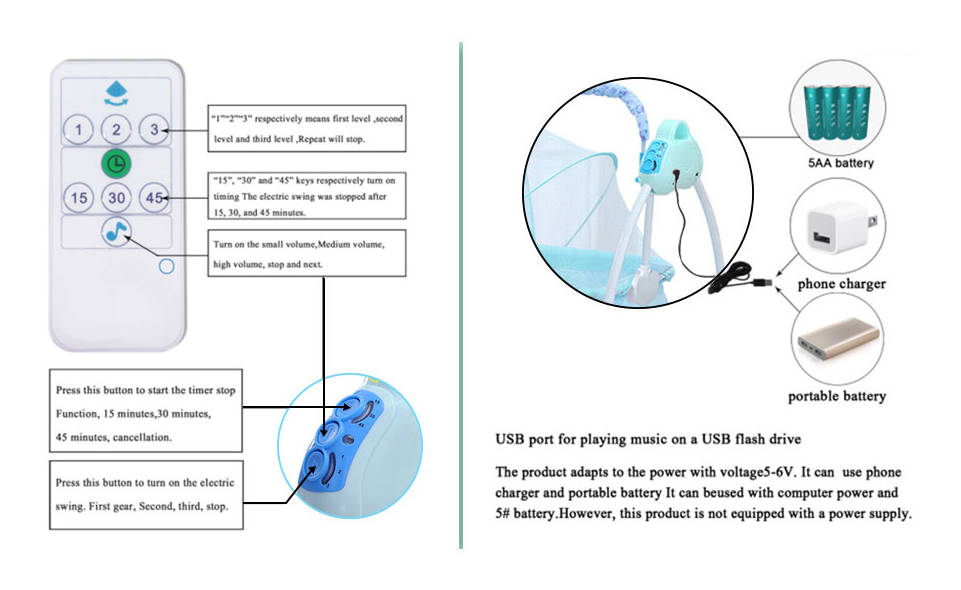 Babywippe Elektrisch Babyschaukel Mit Matte  3 Schaukelgeschwindigkeiten Baby-Wiege (Blau)
