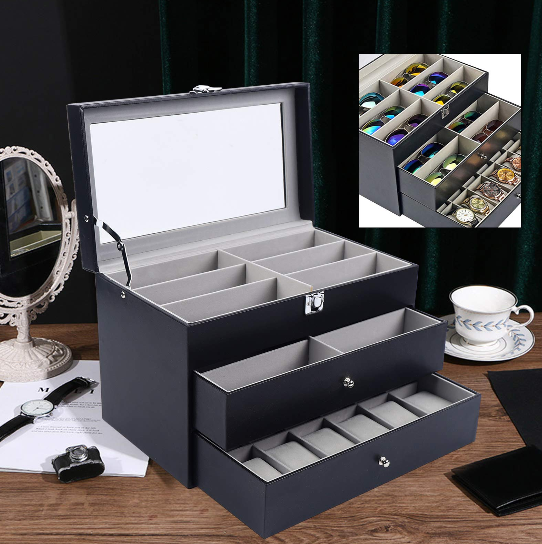 Geschenk 24 Slots Schmuckbox Geschenkbox, 3 Schichten Pu Leder Schmuckkasten