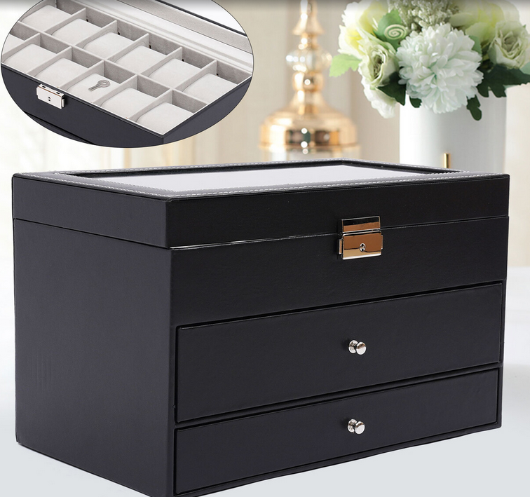 3 Schicht 12 Slots Männer Frauen Uhrenbox Uhrenschatulle Pu-Leder Schmuckschrank Schwarz