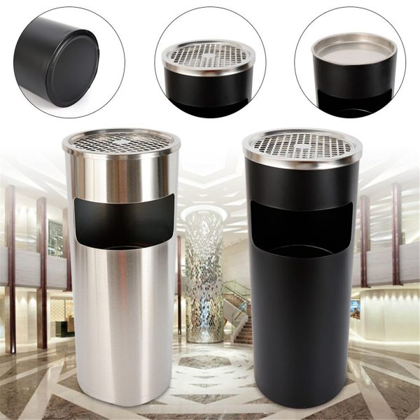 30L 62cm (Silber/Schwarz) Standaschenbecher mit Mülleimer Standascher Edelstahl inkl  Oberer Aschenbecher