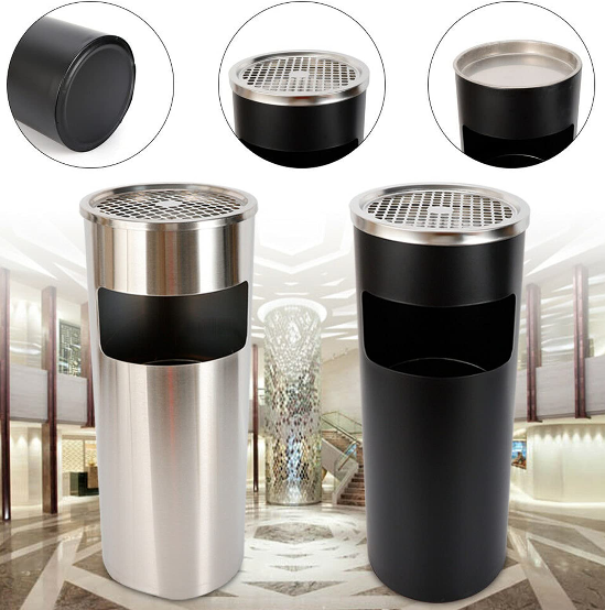 30L 62cm (Silber/Schwarz) Standaschenbecher mit Mülleimer Standascher Edelstahl inkl  Oberer Aschenbecher