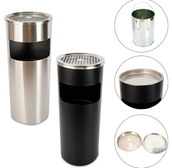 30L 62cm (Silber/Schwarz) Standaschenbecher mit Mülleimer Standascher Edelstahl inkl  Oberer Aschenbecher