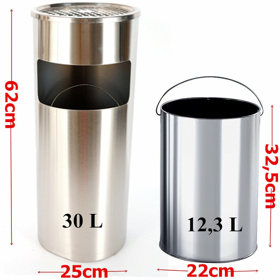 30L 62cm (Silber/Schwarz) Standaschenbecher mit Mülleimer Standascher Edelstahl inkl  Oberer Aschenbecher