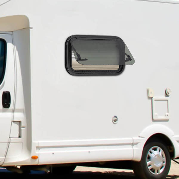 500 x 300 mm großes RV-Ausschiebefenster mit abgerundeten Ecken, RV-Fenster rechtwinkliges Schiebefenster, Fliegengitter und Sonnenschutz–Aluminiumlegierung