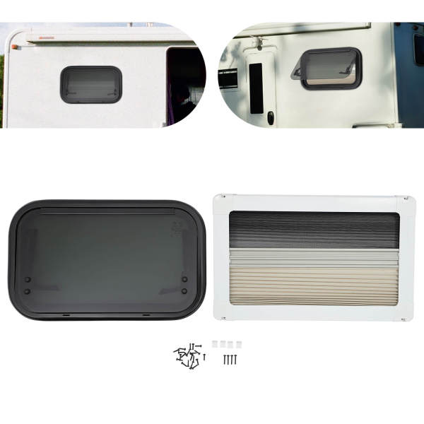 500 x 300 mm großes RV-Ausschiebefenster mit abgerundeten Ecken, RV-Fenster rechtwinkliges Schiebefenster, Fliegengitter und Sonnenschutz–Aluminiumlegierung