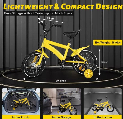 14" Kinder Fahrrad Kid Balance Reiten Bike mit Stützrädern Gelb