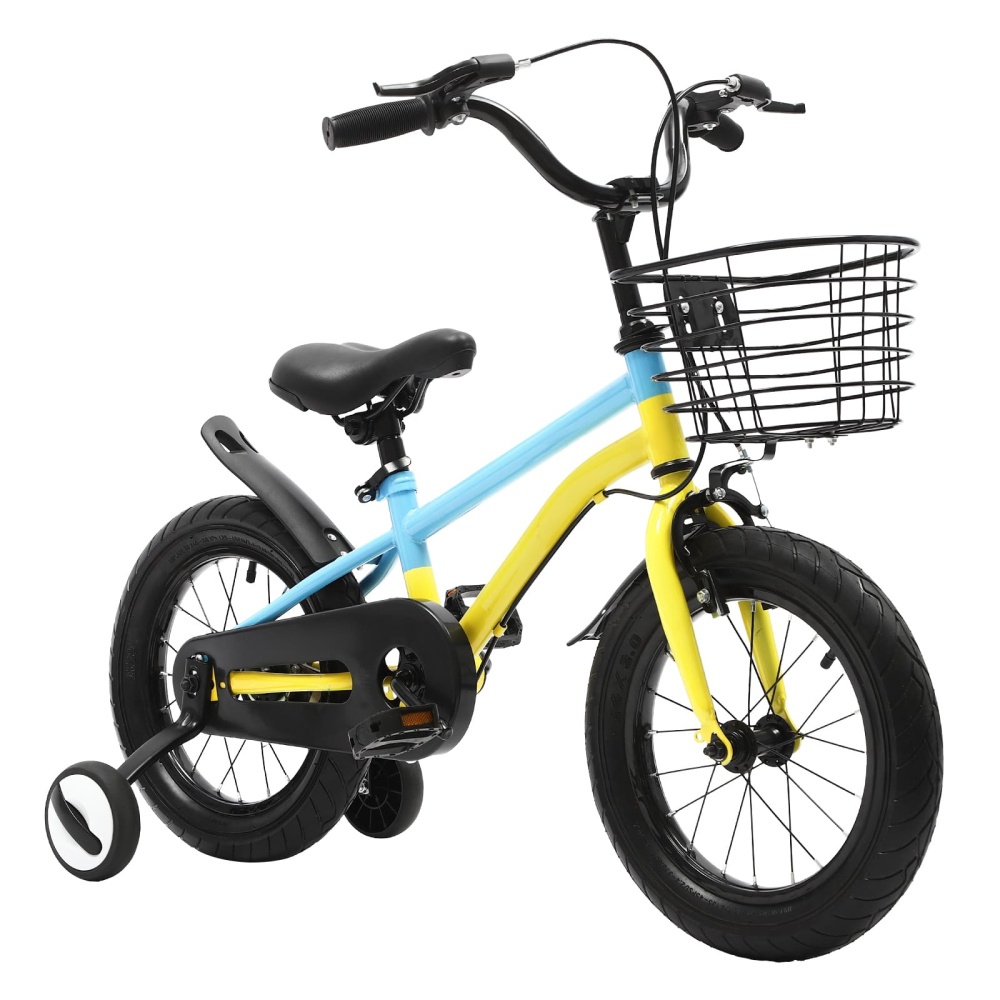14-Zoll-Kinderfahrrad mit Sttzrdern, Handbremse, Schutzblech und Korb  (gelb & blau)