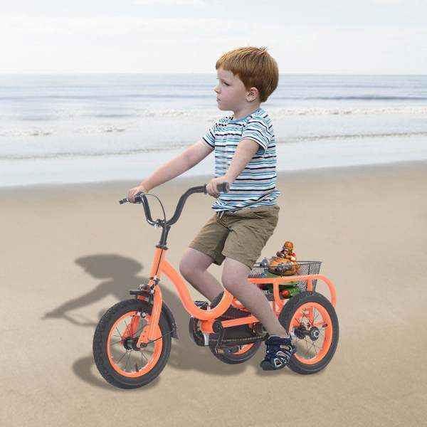 CNCEST 12 Zoll 3 Räder Kinder Orange Fahrräder, Single Speed Dreirad Fahrrad, Kinderfahrrad mit Grosser Korb