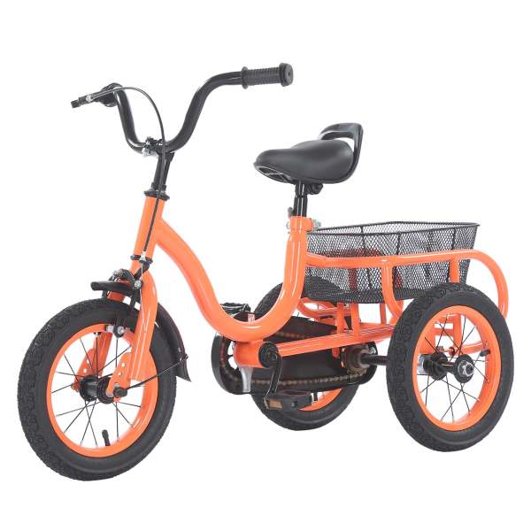 CNCEST 12 Zoll 3 Räder Kinder Orange Fahrräder, Single Speed Dreirad Fahrrad, Kinderfahrrad mit Grosser Korb