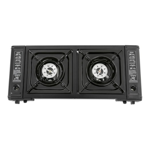 Gaskocher Camping 2 Flammig + Grillplatte, Tragbarer Campingkocher Gasherd Kochfeld mit Automatische Piezo-Zündfunktion