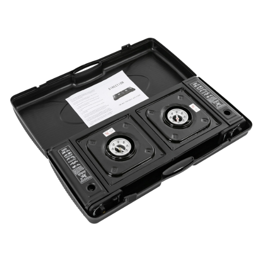 Gaskocher Camping 2 Flammig + Grillplatte, Tragbarer Campingkocher Gasherd Kochfeld mit Automatische Piezo-Zündfunktion