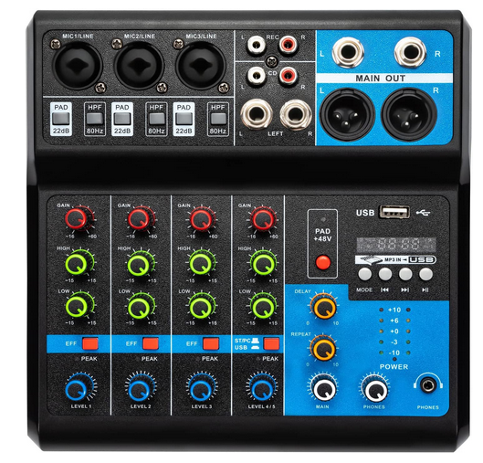 Mini Audio DJ-Mixer Live Mischpult Bluetooth 5-Kanal Stereo-Live-DJ-Audio-Mixer mit USB and Audio Interface